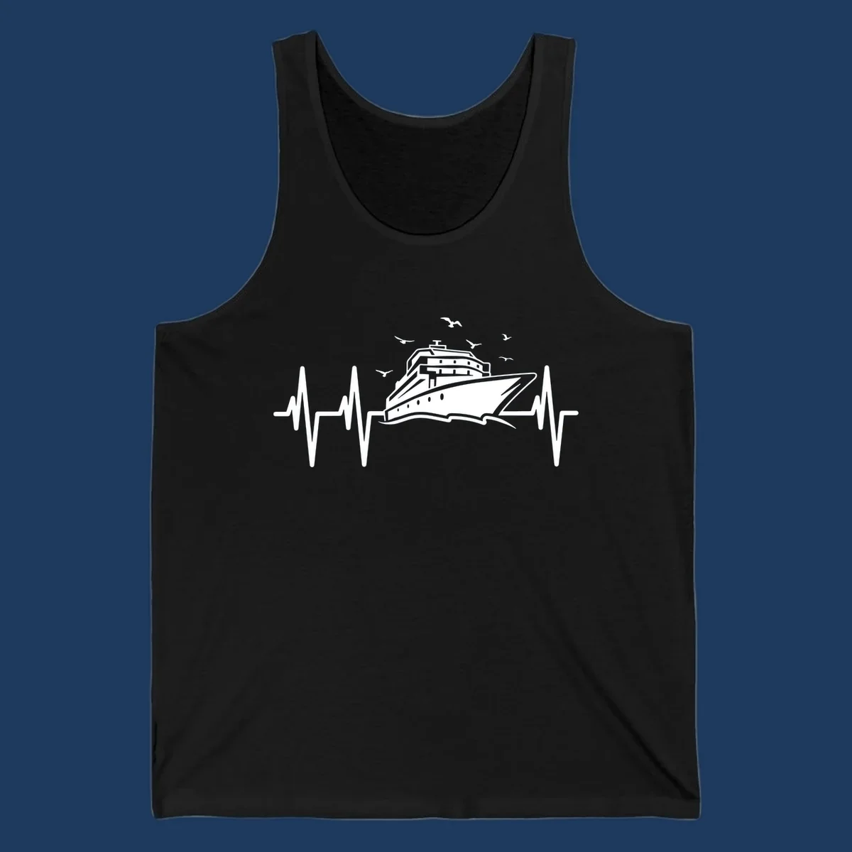 White cruise ship illustration centered between heartbeat monitor lines with flying seagulls on gray background