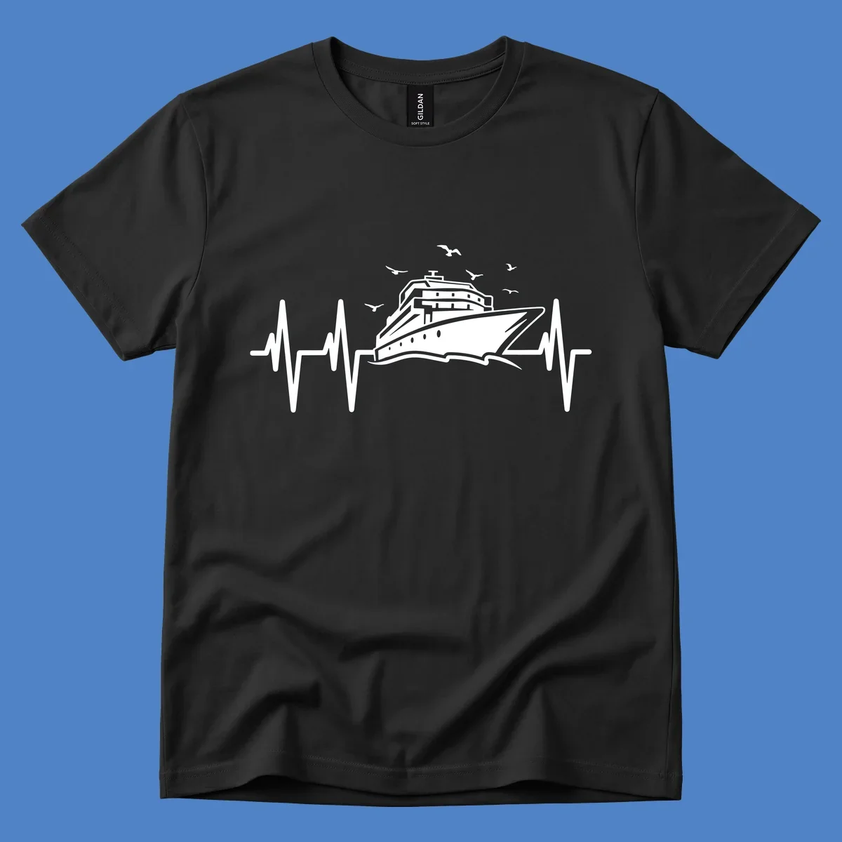 White cruise ship illustration centered between heartbeat monitor lines with flying seagulls on gray background