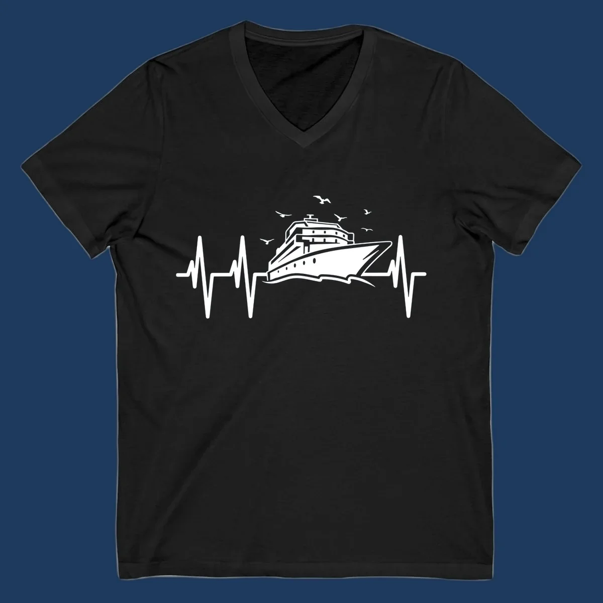 White cruise ship illustration centered between heartbeat monitor lines with flying seagulls on gray background