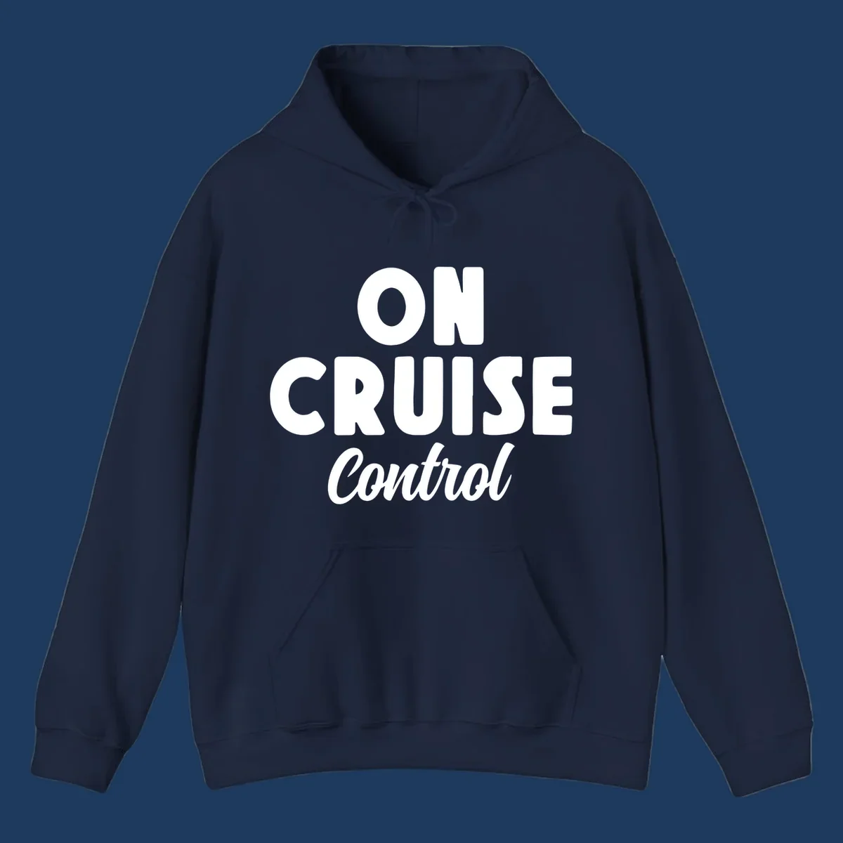 White text reading 'ON CRUISE CONTROL' with 'Control' in italic script on gray background, cruise-themed typography design