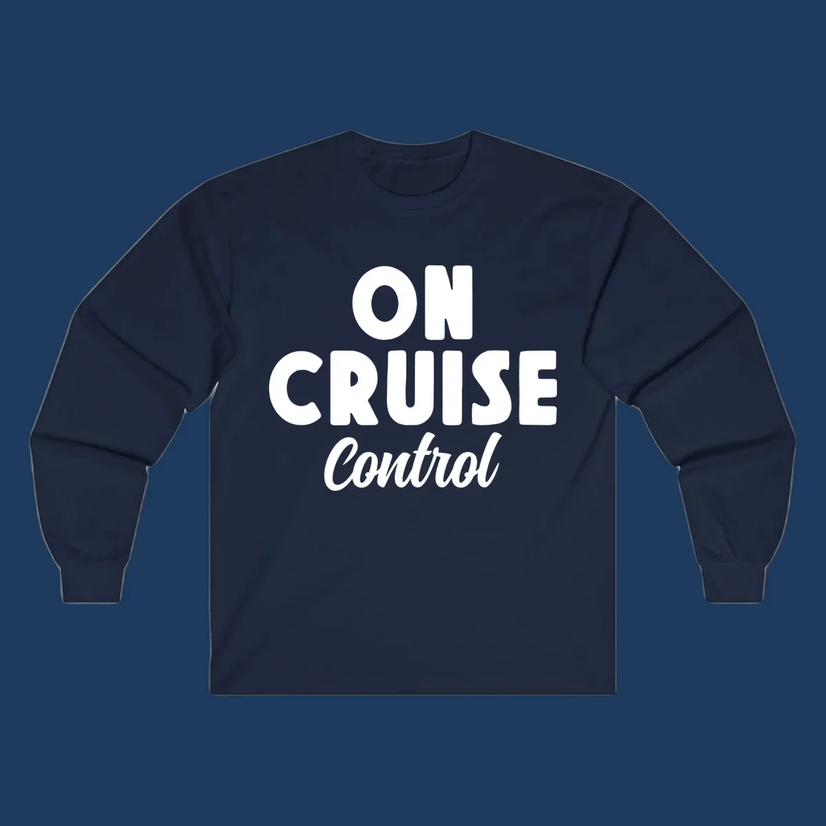 White text reading 'ON CRUISE CONTROL' with 'Control' in italic script on gray background, cruise-themed typography design