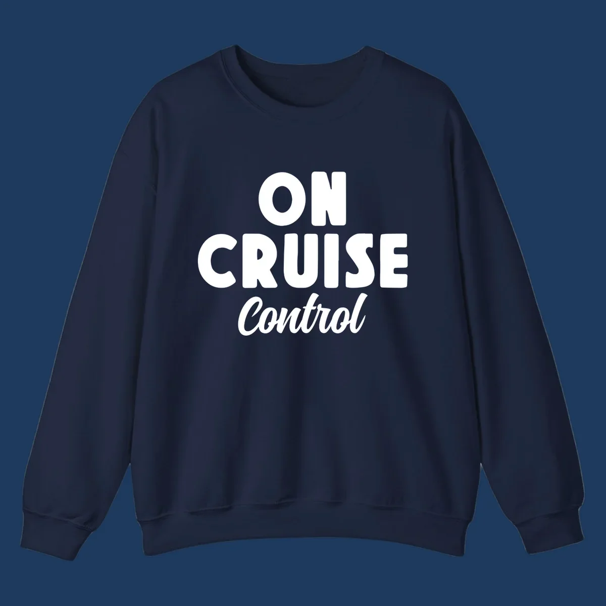 White text reading 'ON CRUISE CONTROL' with 'Control' in italic script on gray background, cruise-themed typography design