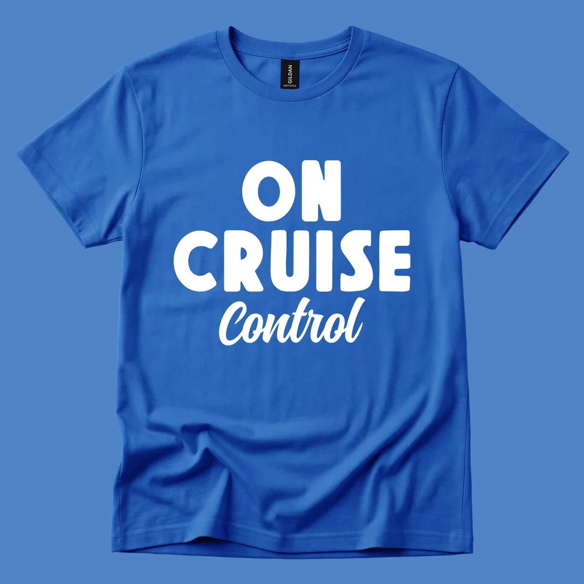 White text reading 'ON CRUISE CONTROL' with 'Control' in italic script on gray background, cruise-themed typography design