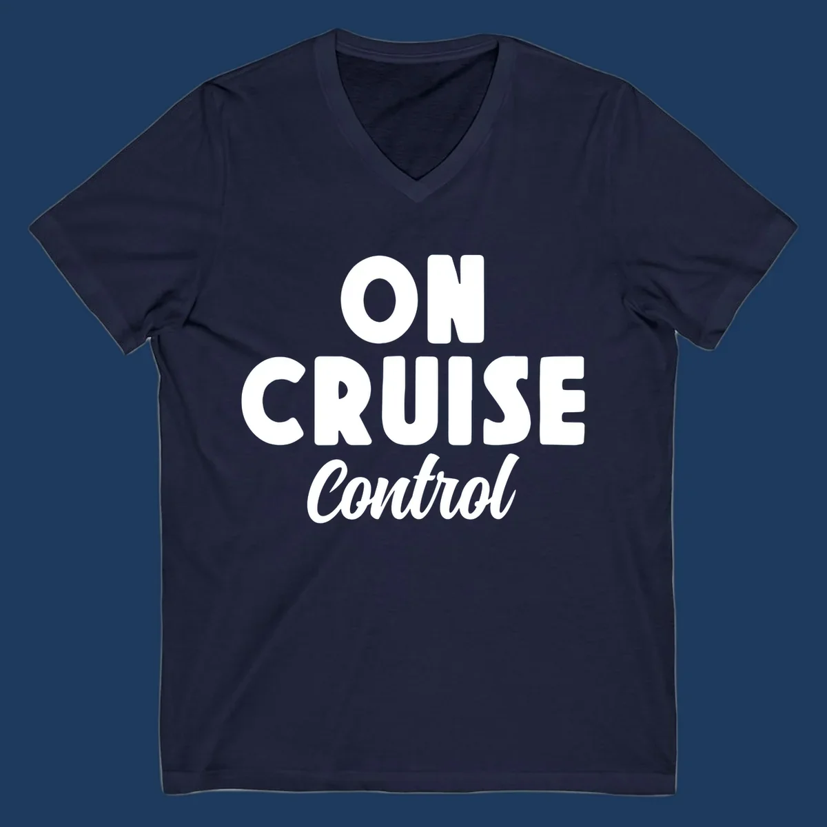White text reading 'ON CRUISE CONTROL' with 'Control' in italic script on gray background, cruise-themed typography design