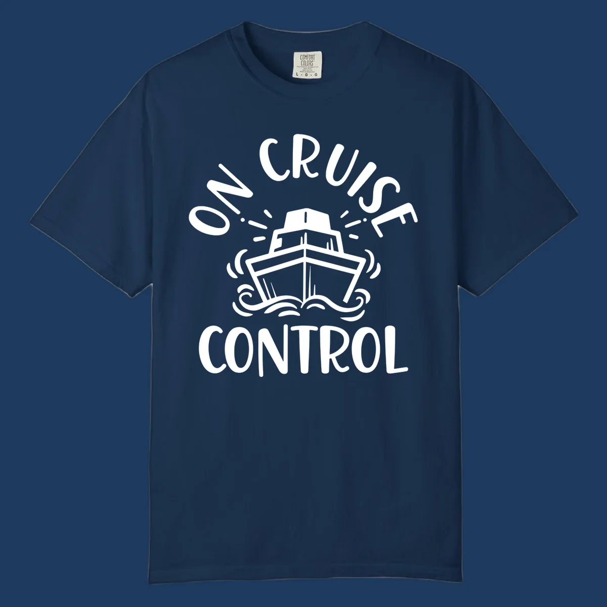 White illustration of cruise ship with radiating lines and ocean waves, text reading 'Own Cruise Control' arcing around it on gray background