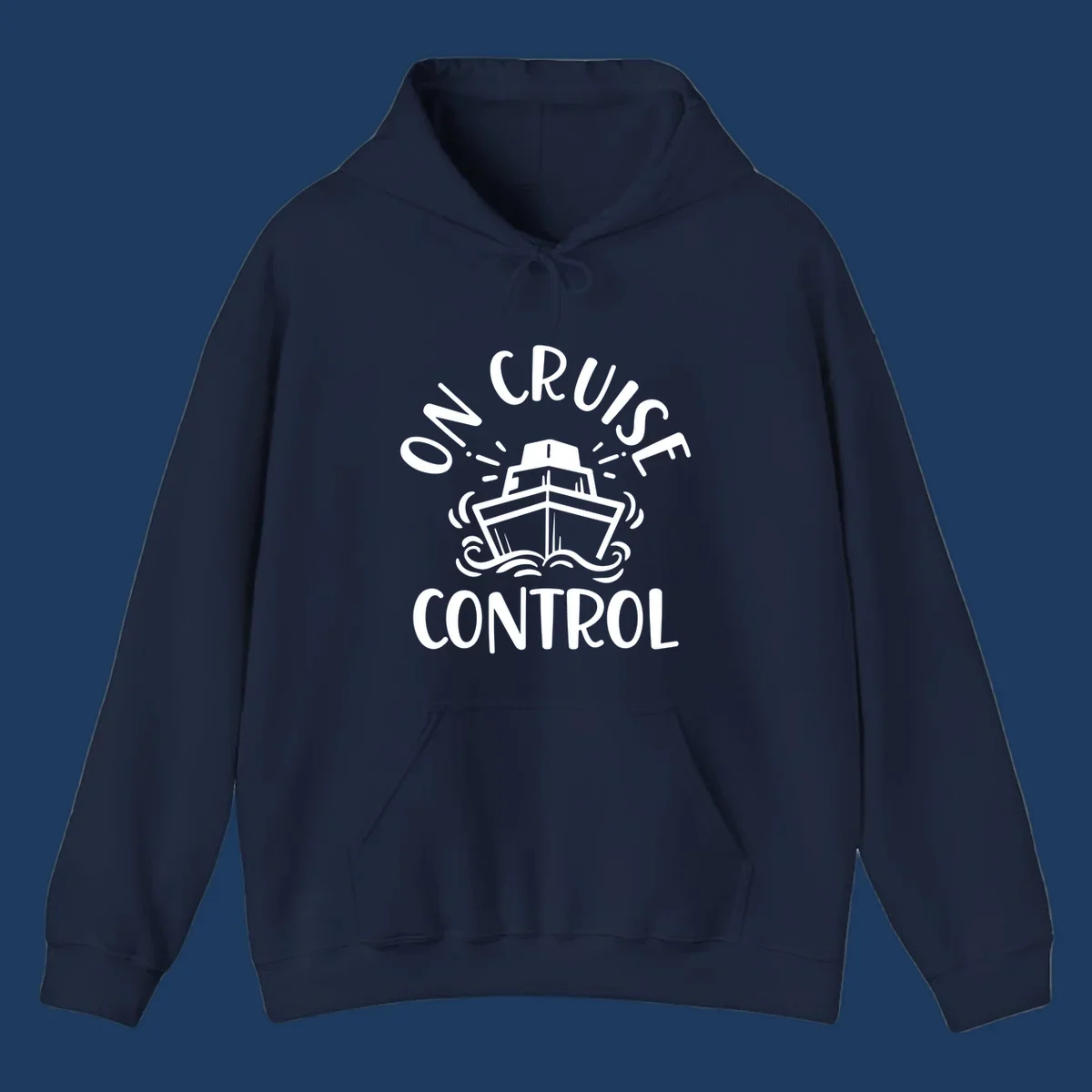 White illustration of cruise ship with radiating lines and ocean waves, text reading 'Own Cruise Control' arcing around it on gray background