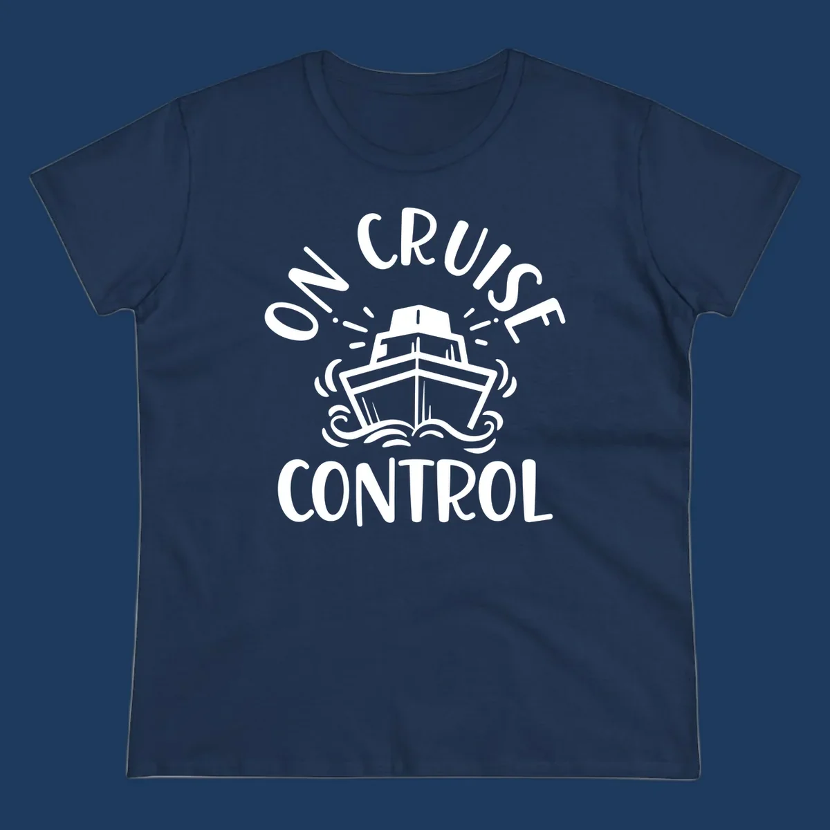 White illustration of cruise ship with radiating lines and ocean waves, text reading 'Own Cruise Control' arcing around it on gray background