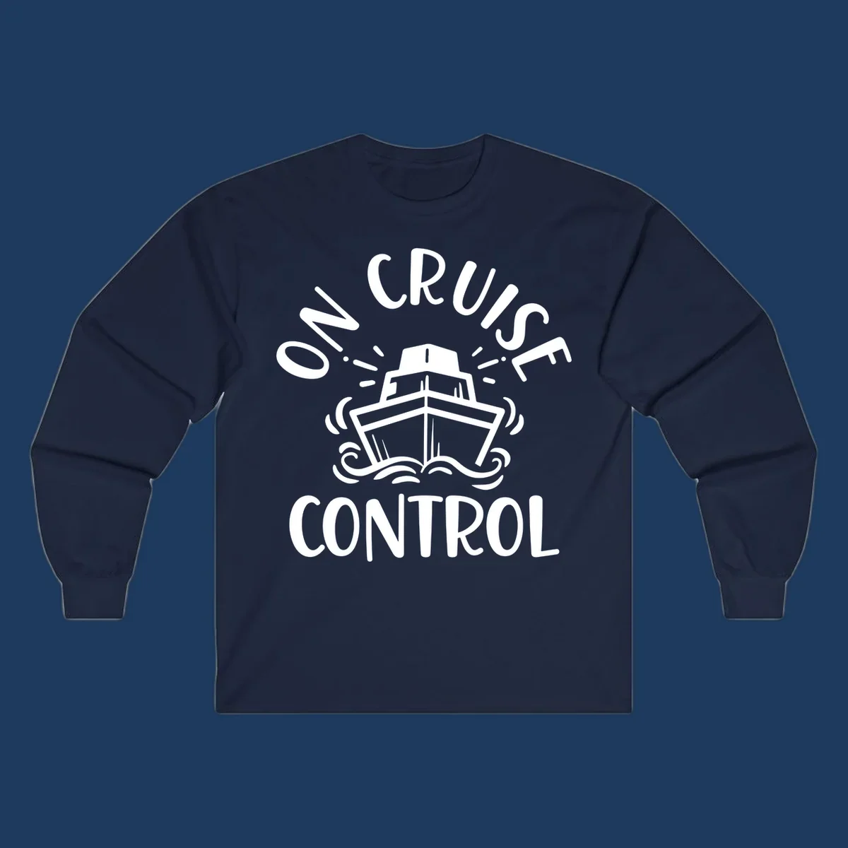 White illustration of cruise ship with radiating lines and ocean waves, text reading 'Own Cruise Control' arcing around it on gray background