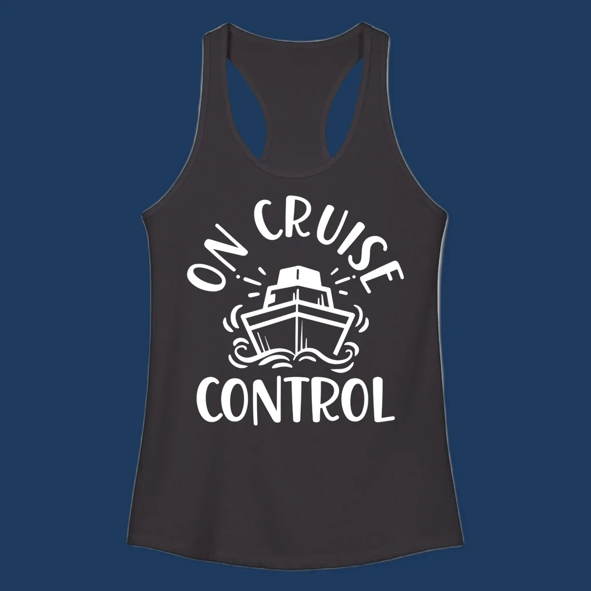 White illustration of cruise ship with radiating lines and ocean waves, text reading 'Own Cruise Control' arcing around it on gray background