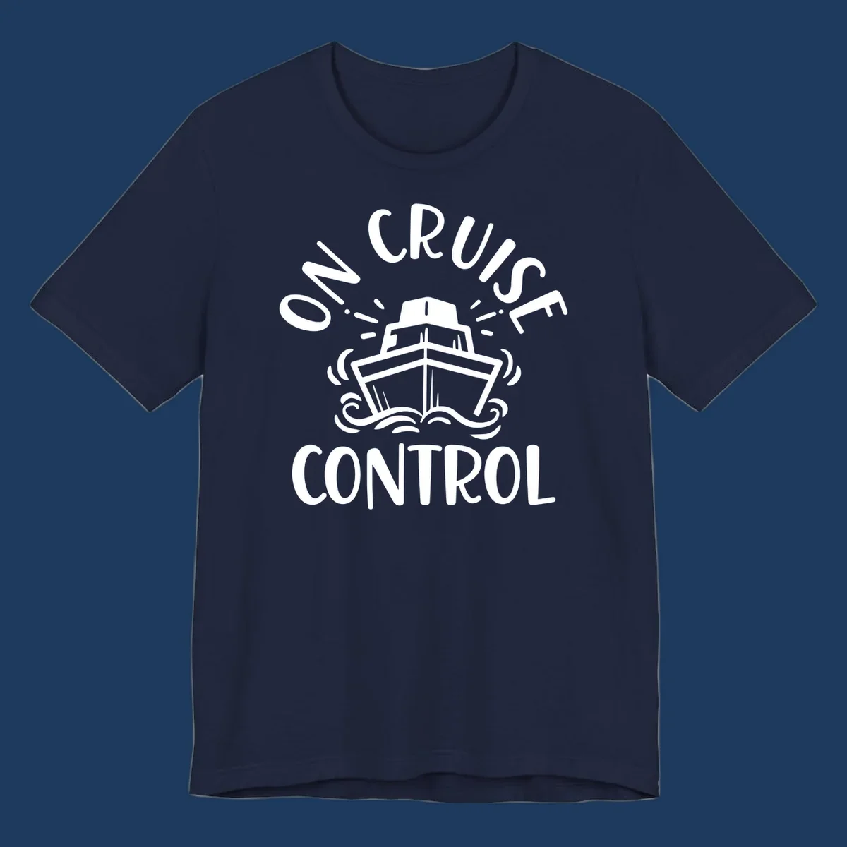 White illustration of cruise ship with radiating lines and ocean waves, text reading 'Own Cruise Control' arcing around it on gray background