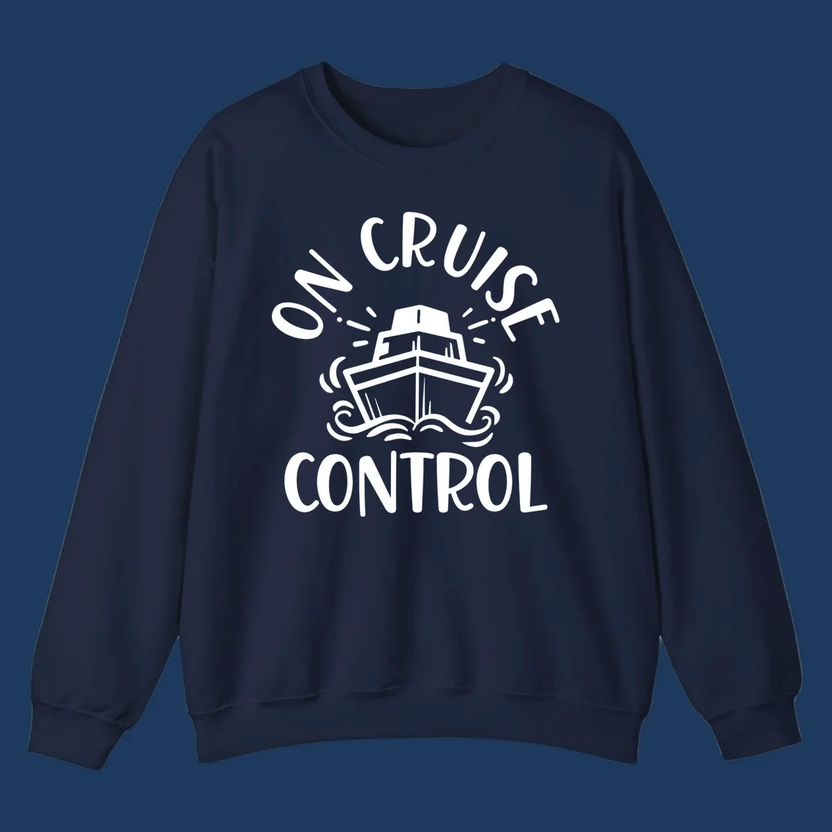 White illustration of cruise ship with radiating lines and ocean waves, text reading 'Own Cruise Control' arcing around it on gray background