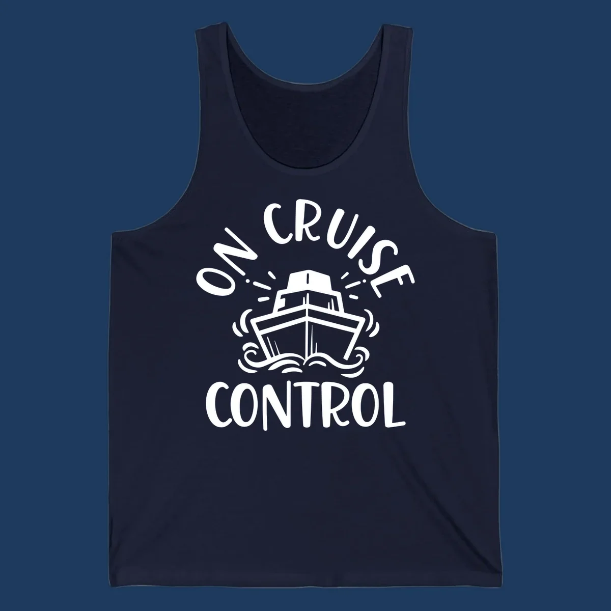White illustration of cruise ship with radiating lines and ocean waves, text reading 'Own Cruise Control' arcing around it on gray background