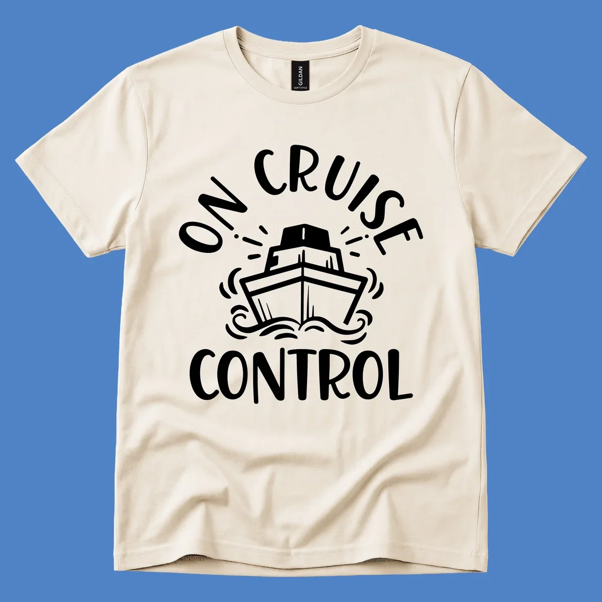White illustration of cruise ship with radiating lines and ocean waves, text reading 'Own Cruise Control' arcing around it on gray background