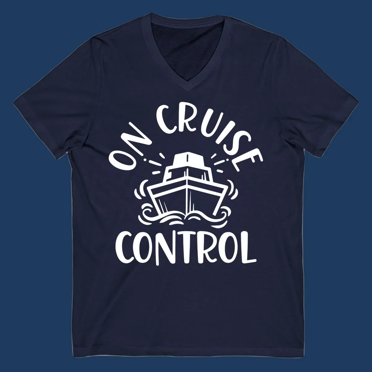 White illustration of cruise ship with radiating lines and ocean waves, text reading 'Own Cruise Control' arcing around it on gray background