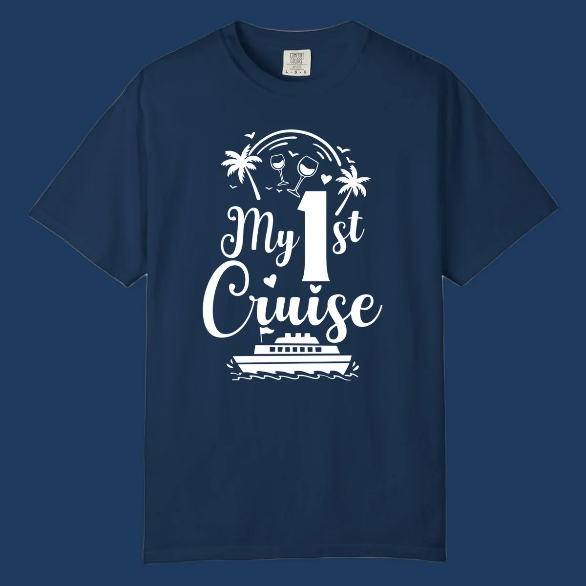 White line illustration of 'My 1st Cruise' text with cruise ship, palm trees, wine glasses, and ocean waves on gray background