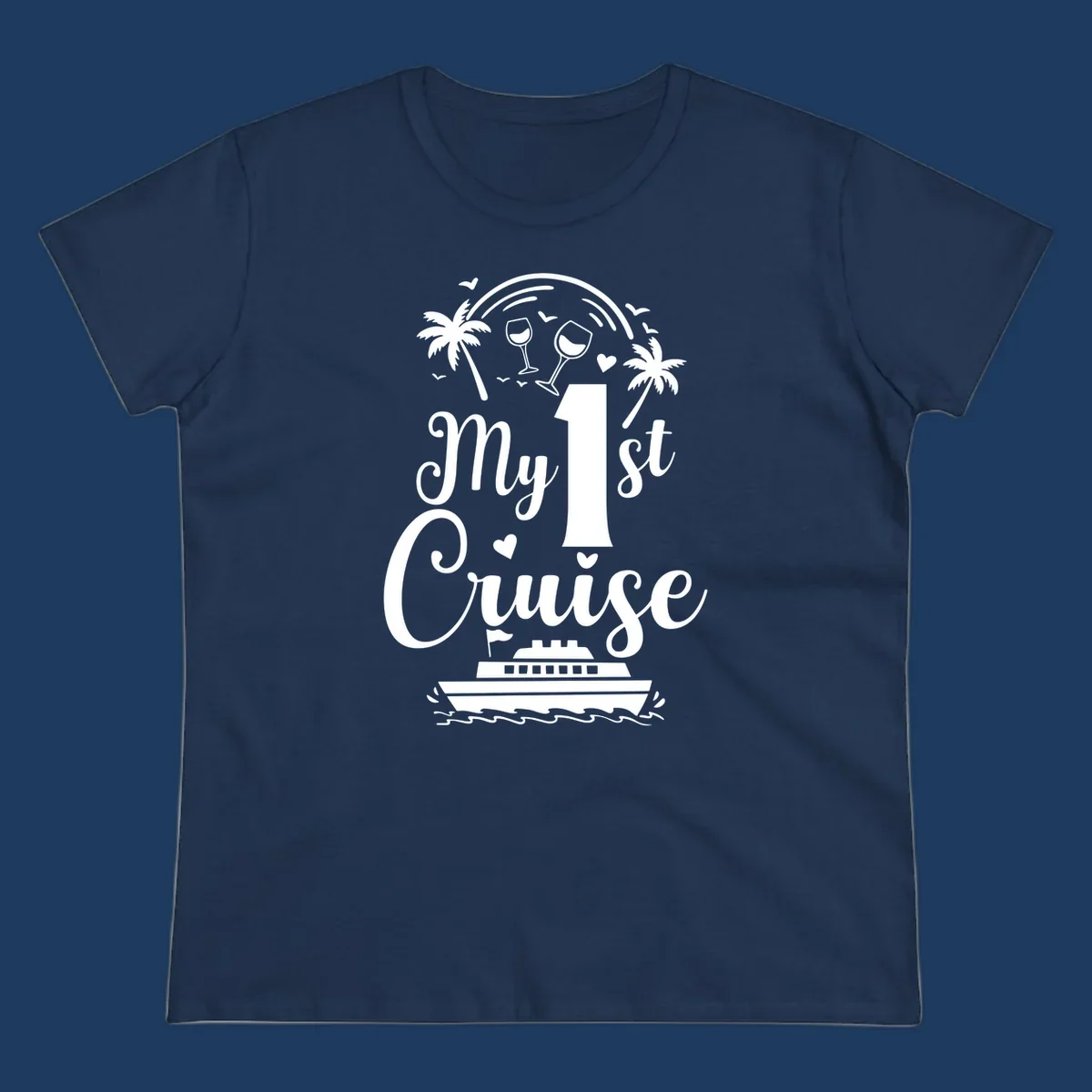 White line illustration of 'My 1st Cruise' text with cruise ship, palm trees, wine glasses, and ocean waves on gray background