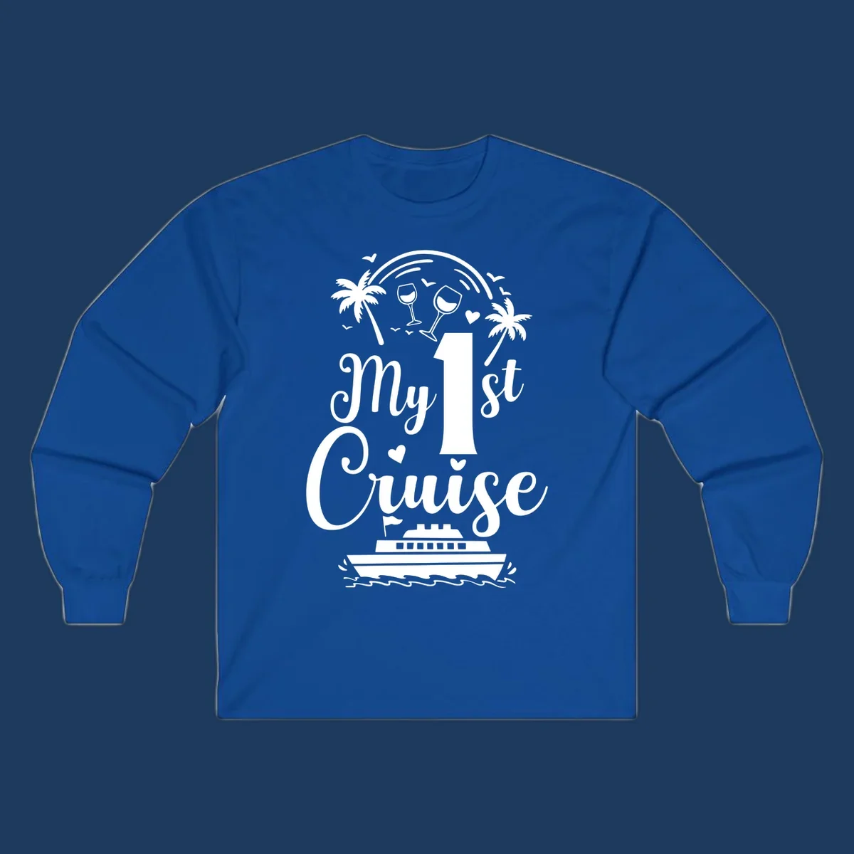 White line illustration of 'My 1st Cruise' text with cruise ship, palm trees, wine glasses, and ocean waves on gray background