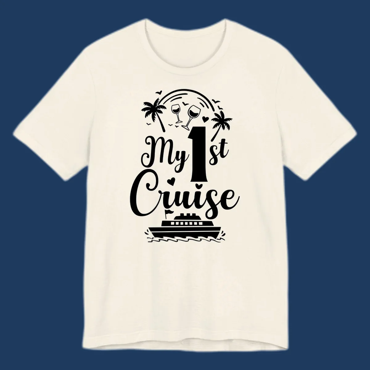 White line illustration of 'My 1st Cruise' text with cruise ship, palm trees, wine glasses, and ocean waves on gray background