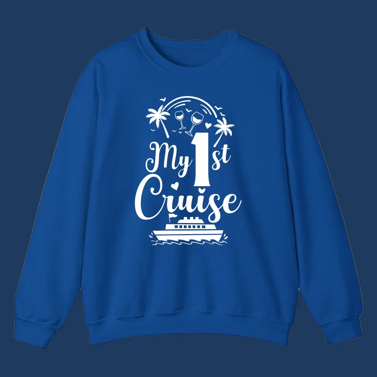 White line illustration of 'My 1st Cruise' text with cruise ship, palm trees, wine glasses, and ocean waves on gray background