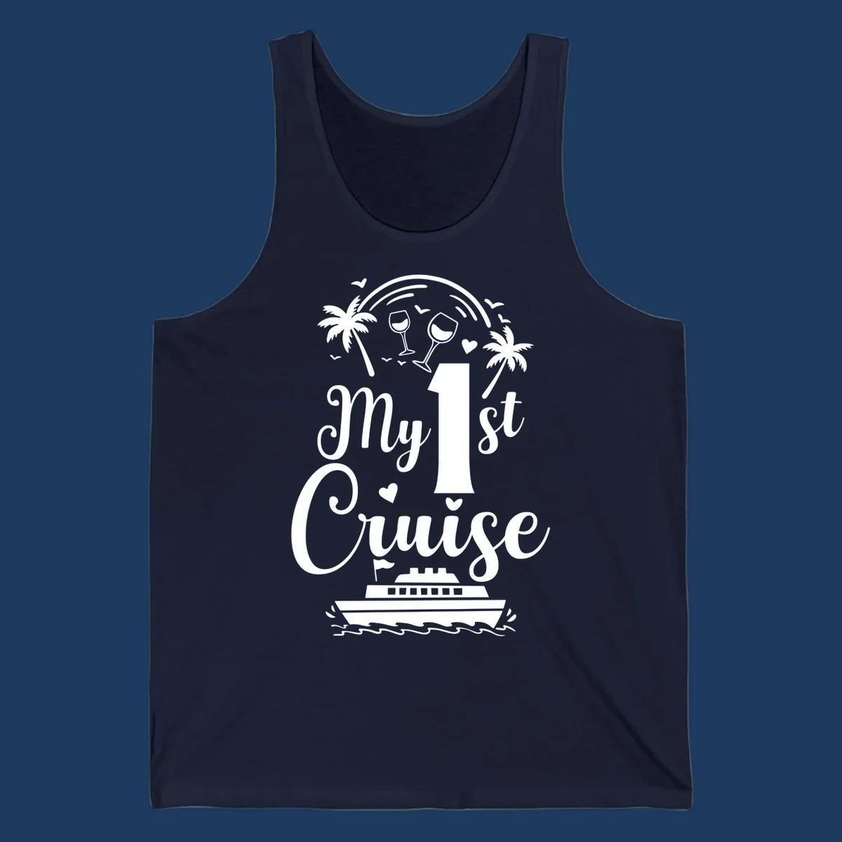 White line illustration of 'My 1st Cruise' text with cruise ship, palm trees, wine glasses, and ocean waves on gray background