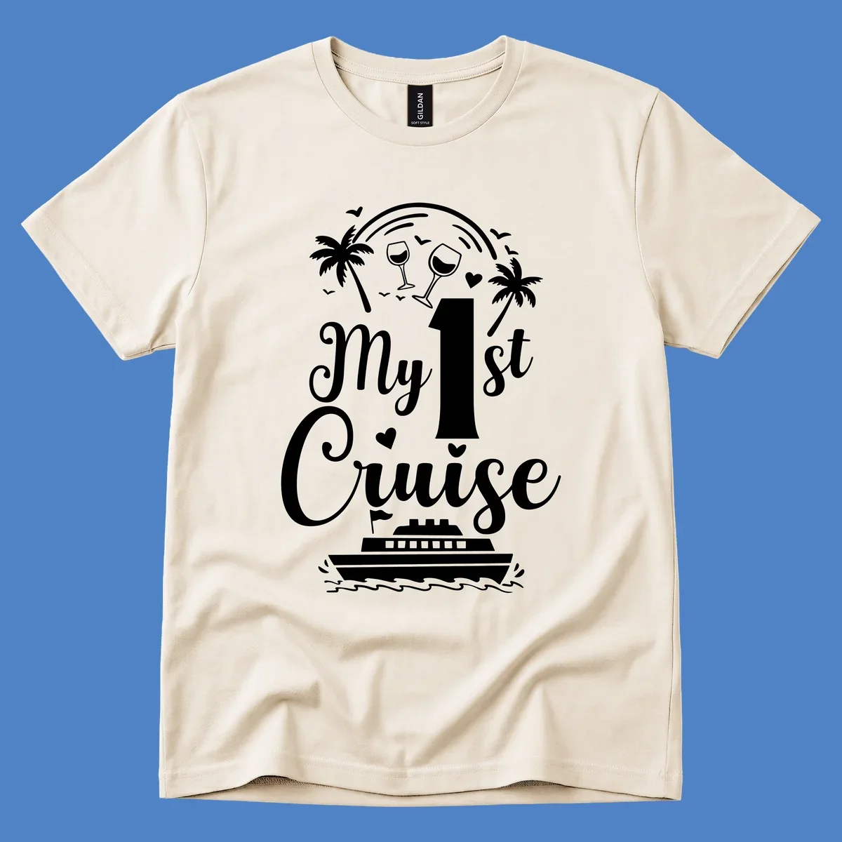 White line illustration of 'My 1st Cruise' text with cruise ship, palm trees, wine glasses, and ocean waves on gray background