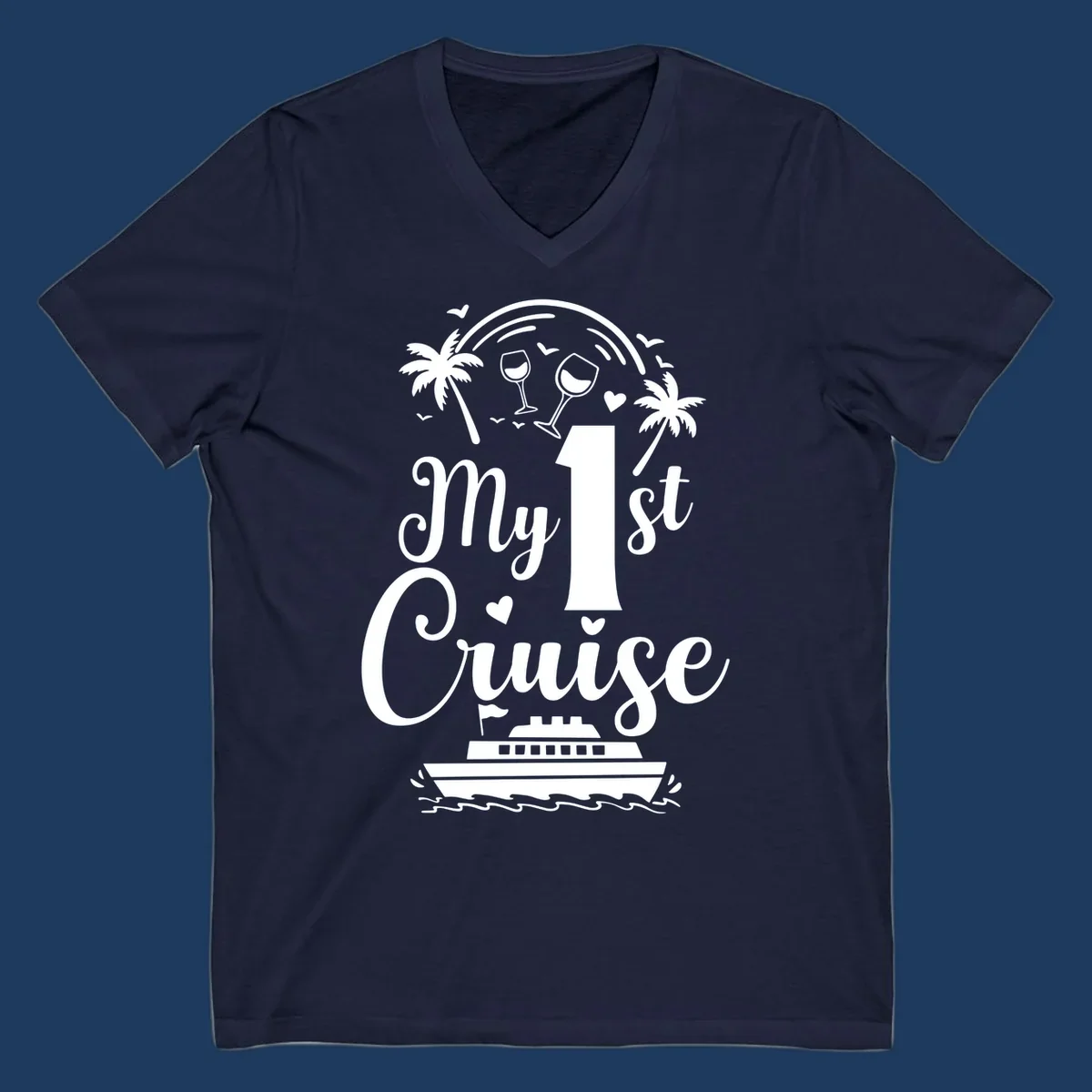 White line illustration of 'My 1st Cruise' text with cruise ship, palm trees, wine glasses, and ocean waves on gray background