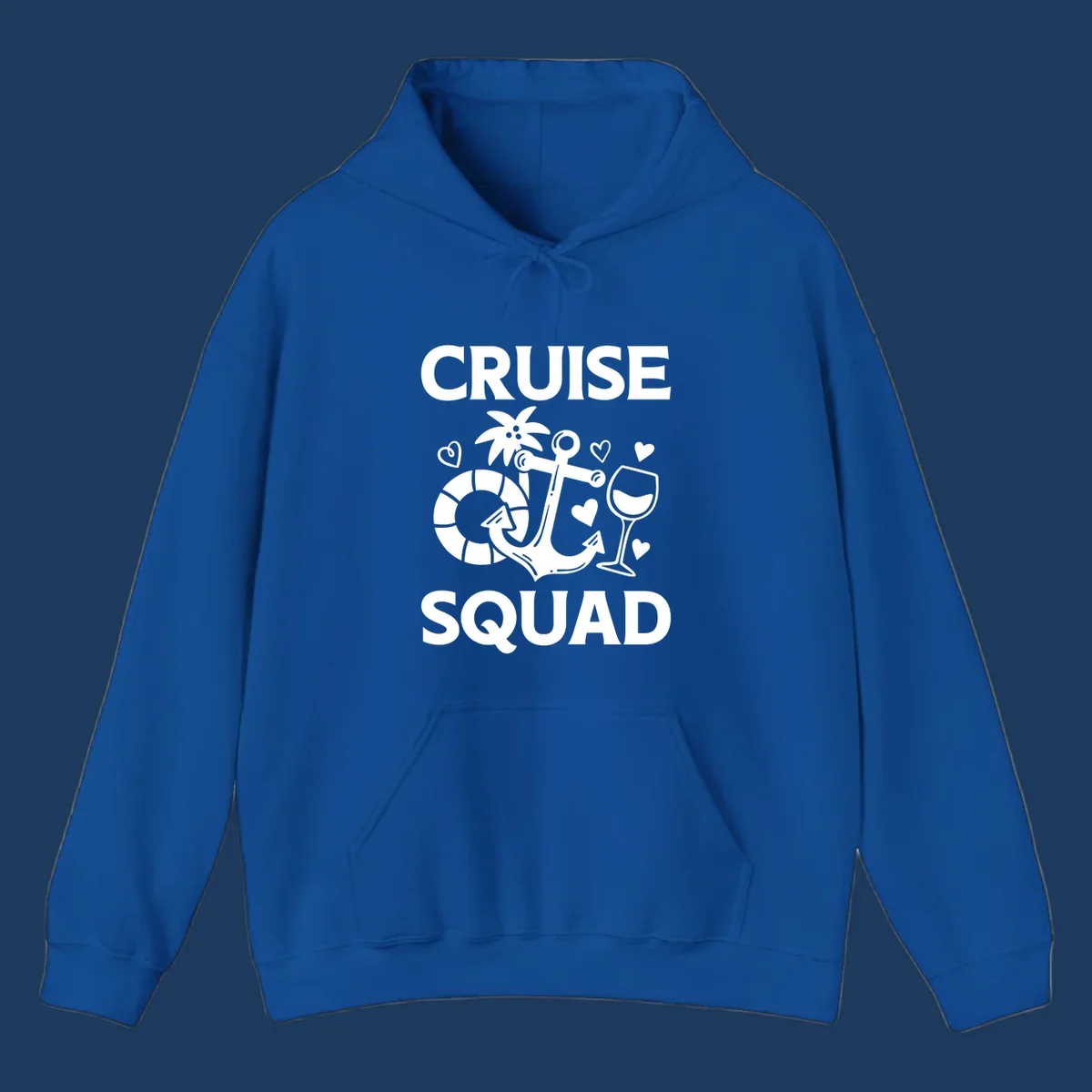 Cruise Squad design featuring life preserver, anchor, wine glass, tropical flower and hearts on gray background