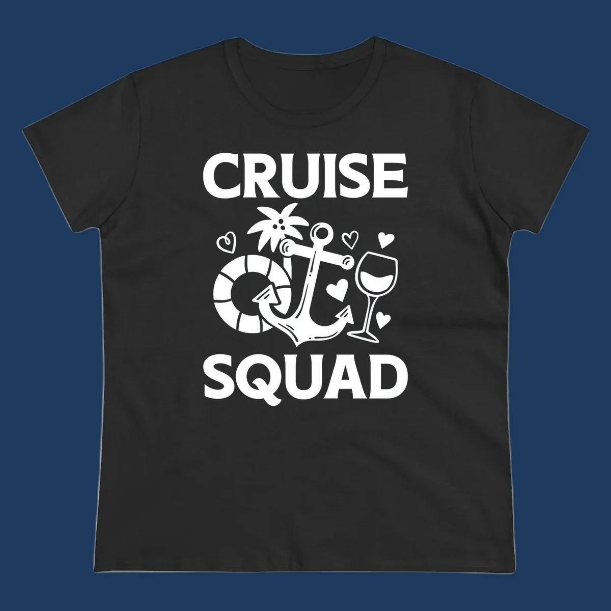 Cruise Squad design featuring life preserver, anchor, wine glass, tropical flower and hearts on gray background