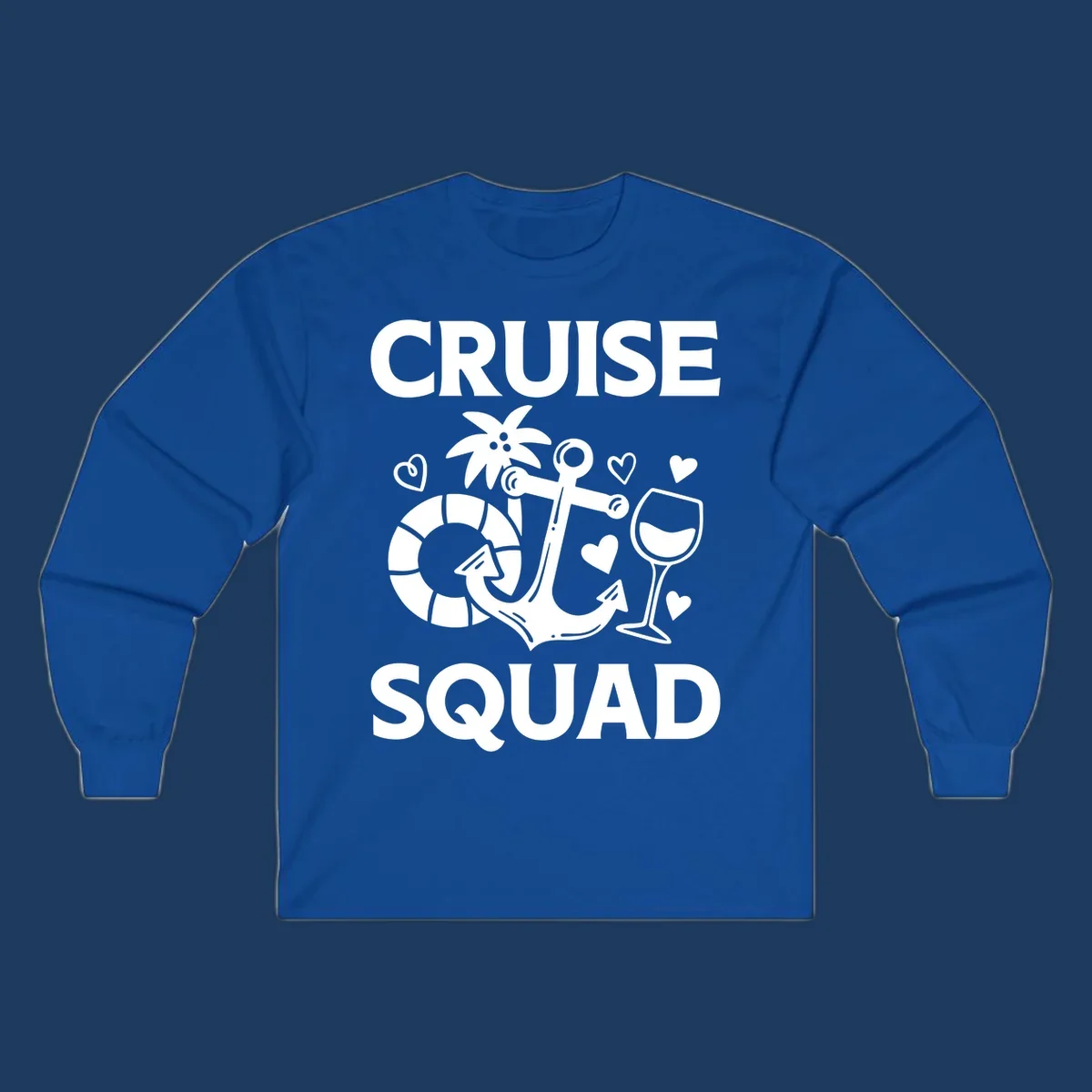 Cruise Squad design featuring life preserver, anchor, wine glass, tropical flower and hearts on gray background