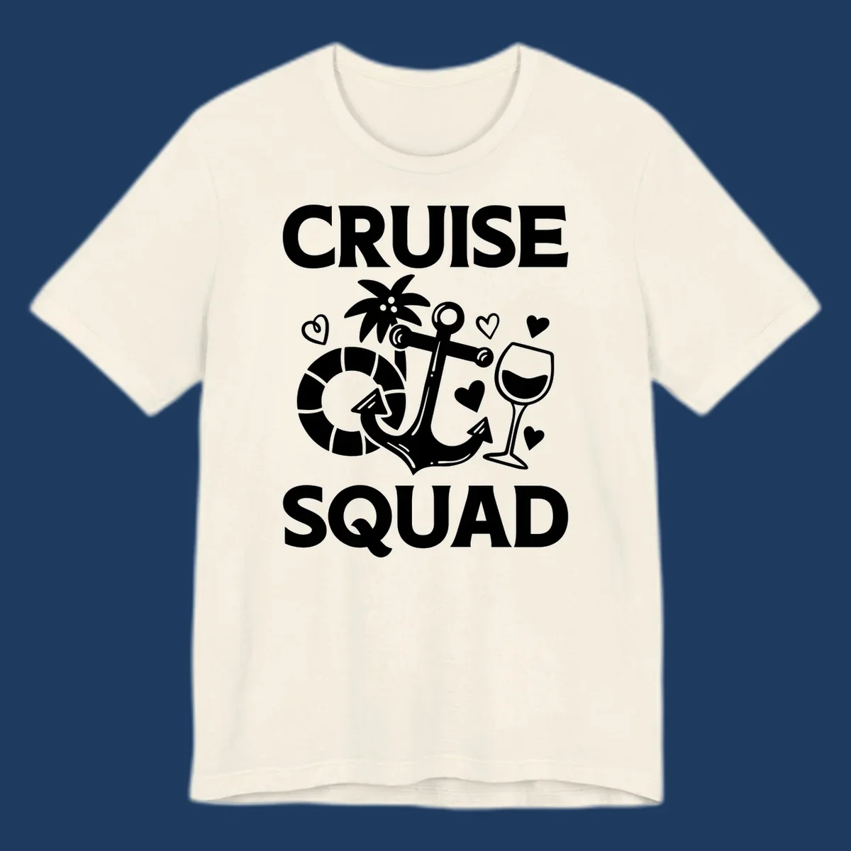 Cruise Squad design featuring life preserver, anchor, wine glass, tropical flower and hearts on gray background