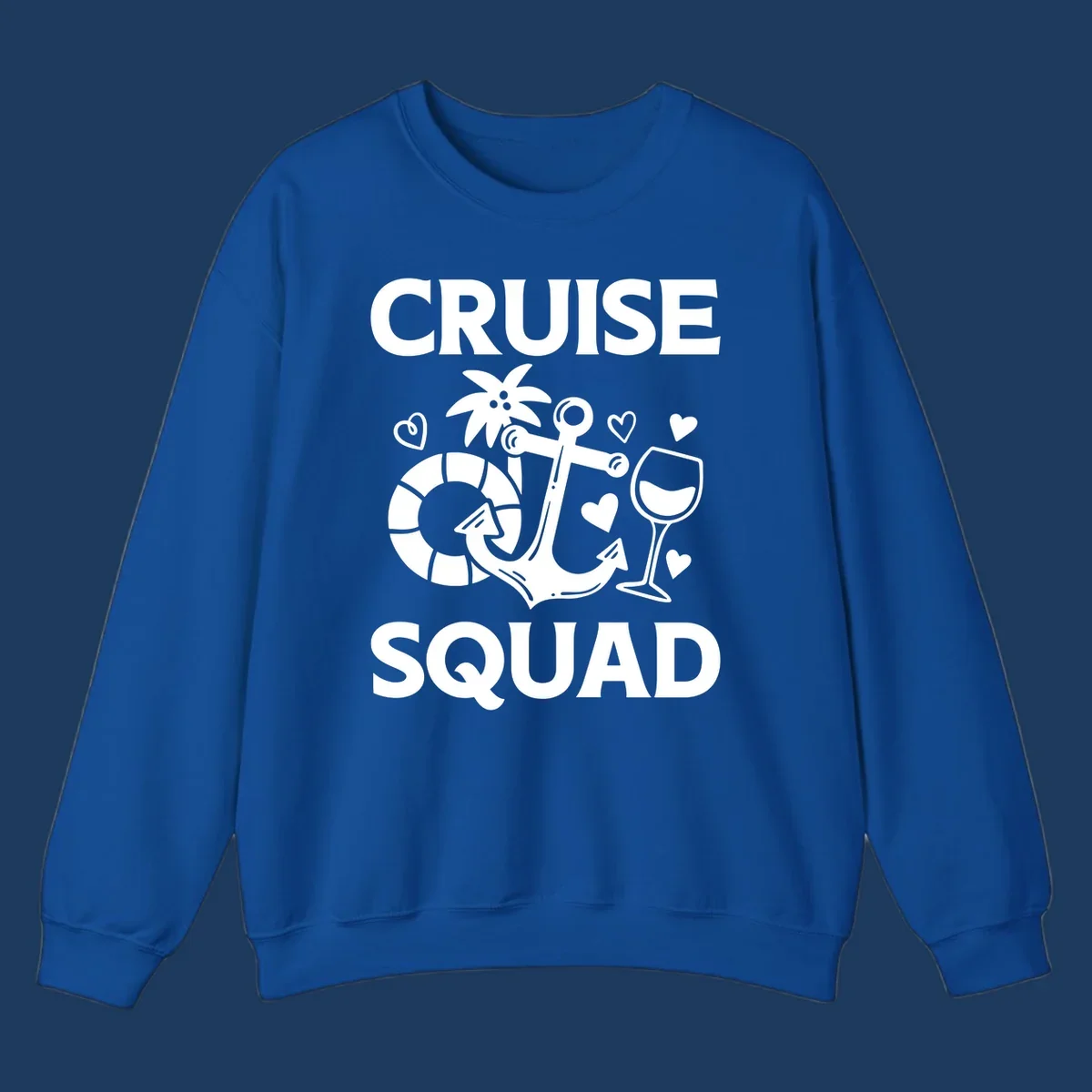 Cruise Squad design featuring life preserver, anchor, wine glass, tropical flower and hearts on gray background
