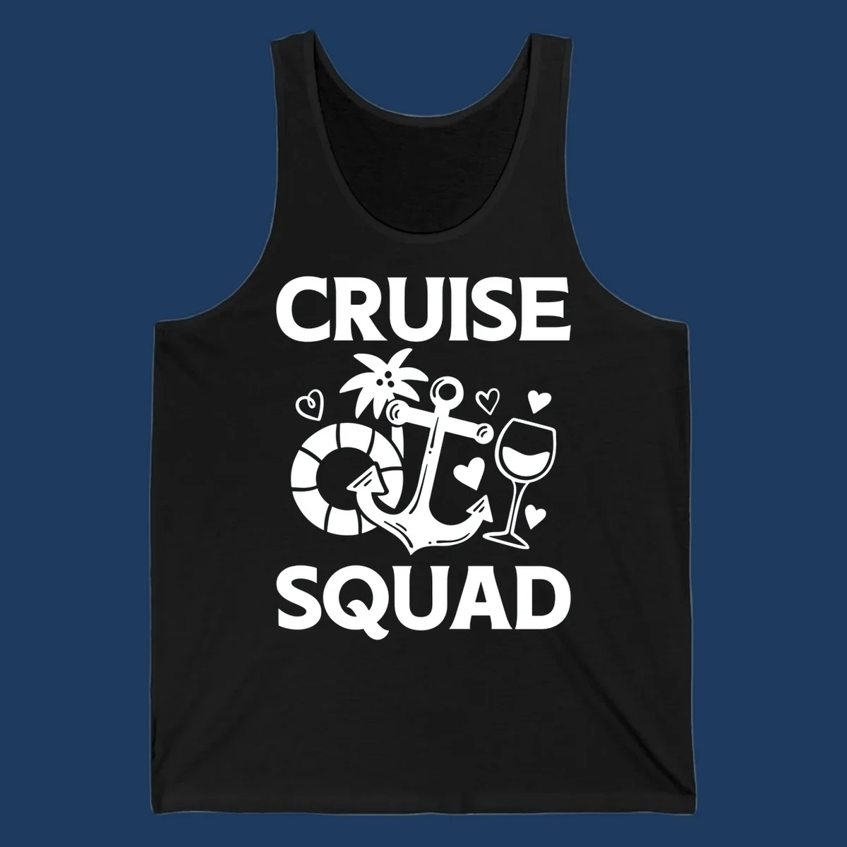 Cruise Squad design featuring life preserver, anchor, wine glass, tropical flower and hearts on gray background