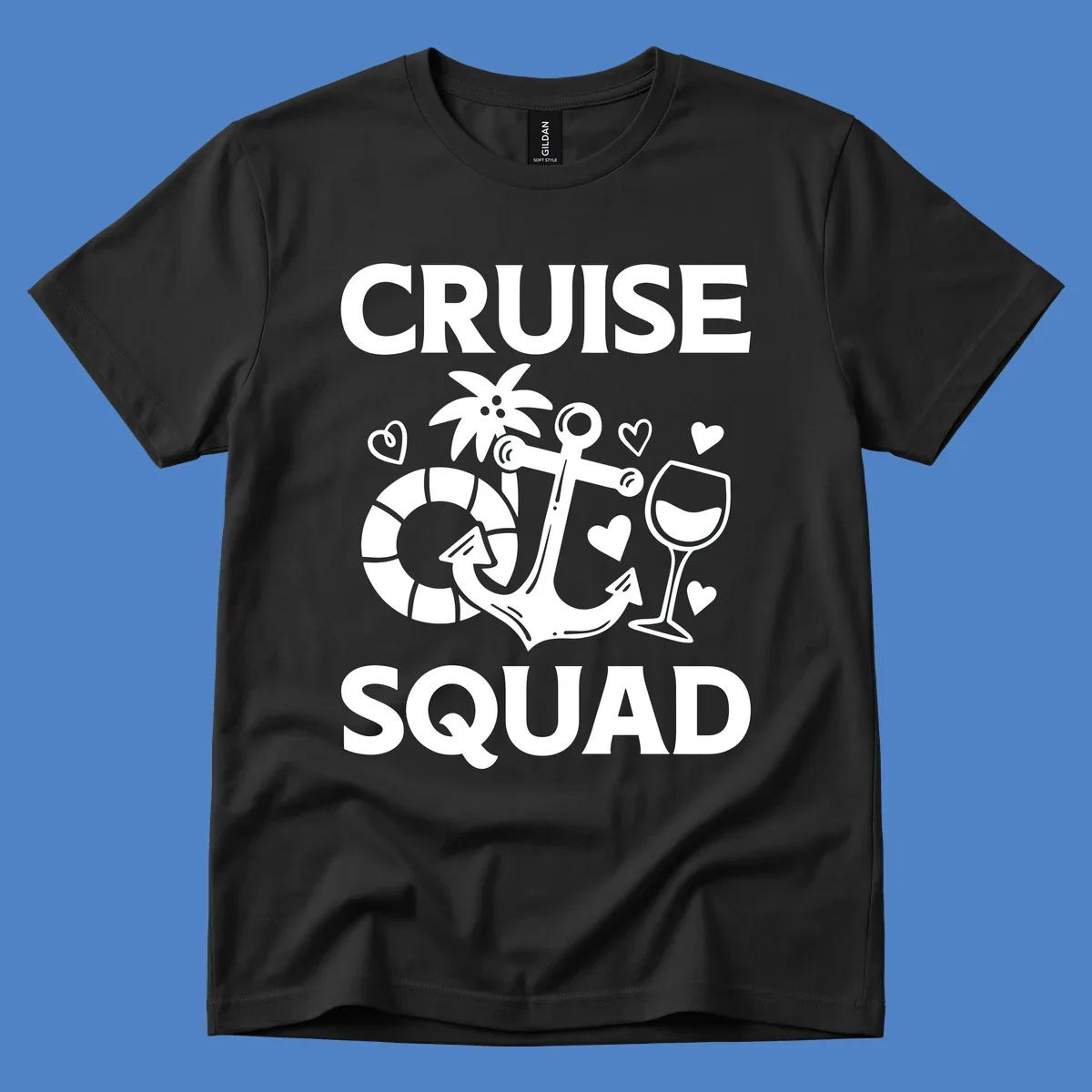 Cruise Squad design featuring life preserver, anchor, wine glass, tropical flower and hearts on gray background