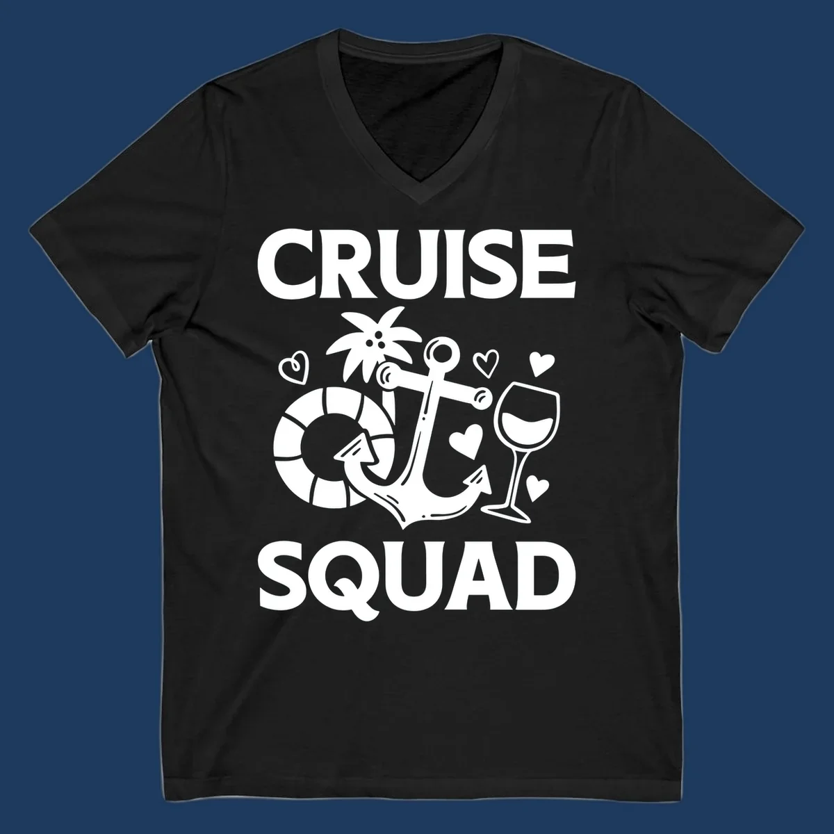 Cruise Squad design featuring life preserver, anchor, wine glass, tropical flower and hearts on gray background
