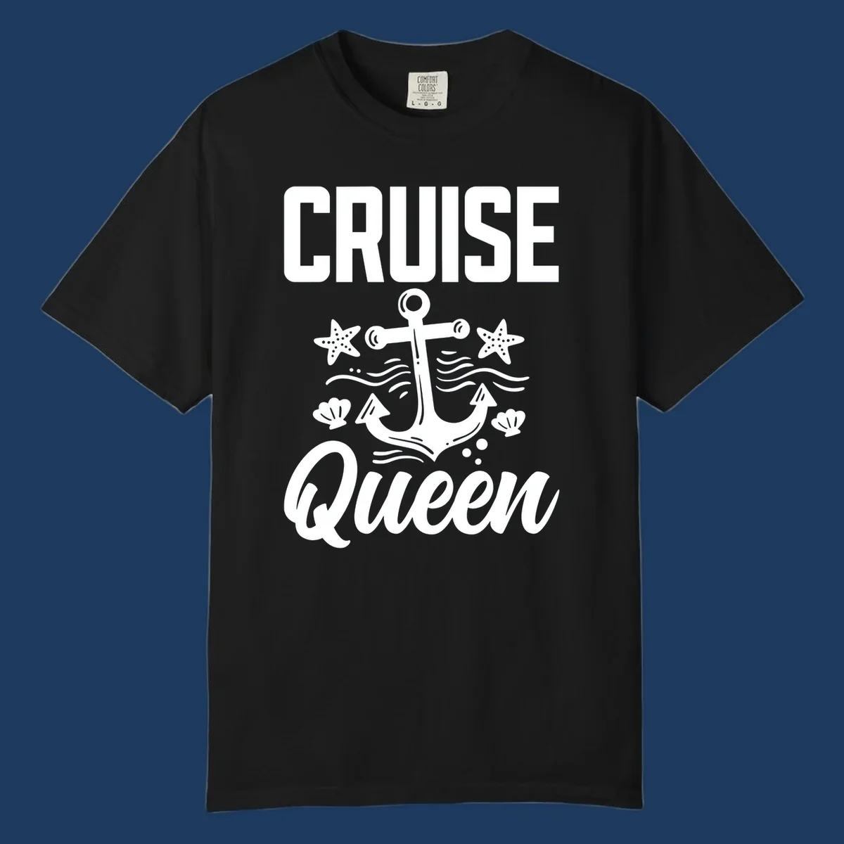 Cruise queen anchor nautical design with starfish, seashells, and ocean waves on gray background