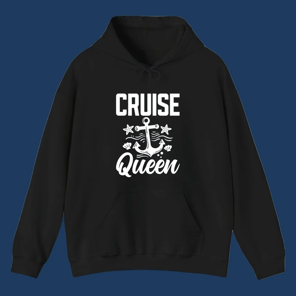 Cruise queen anchor nautical design with starfish, seashells, and ocean waves on gray background