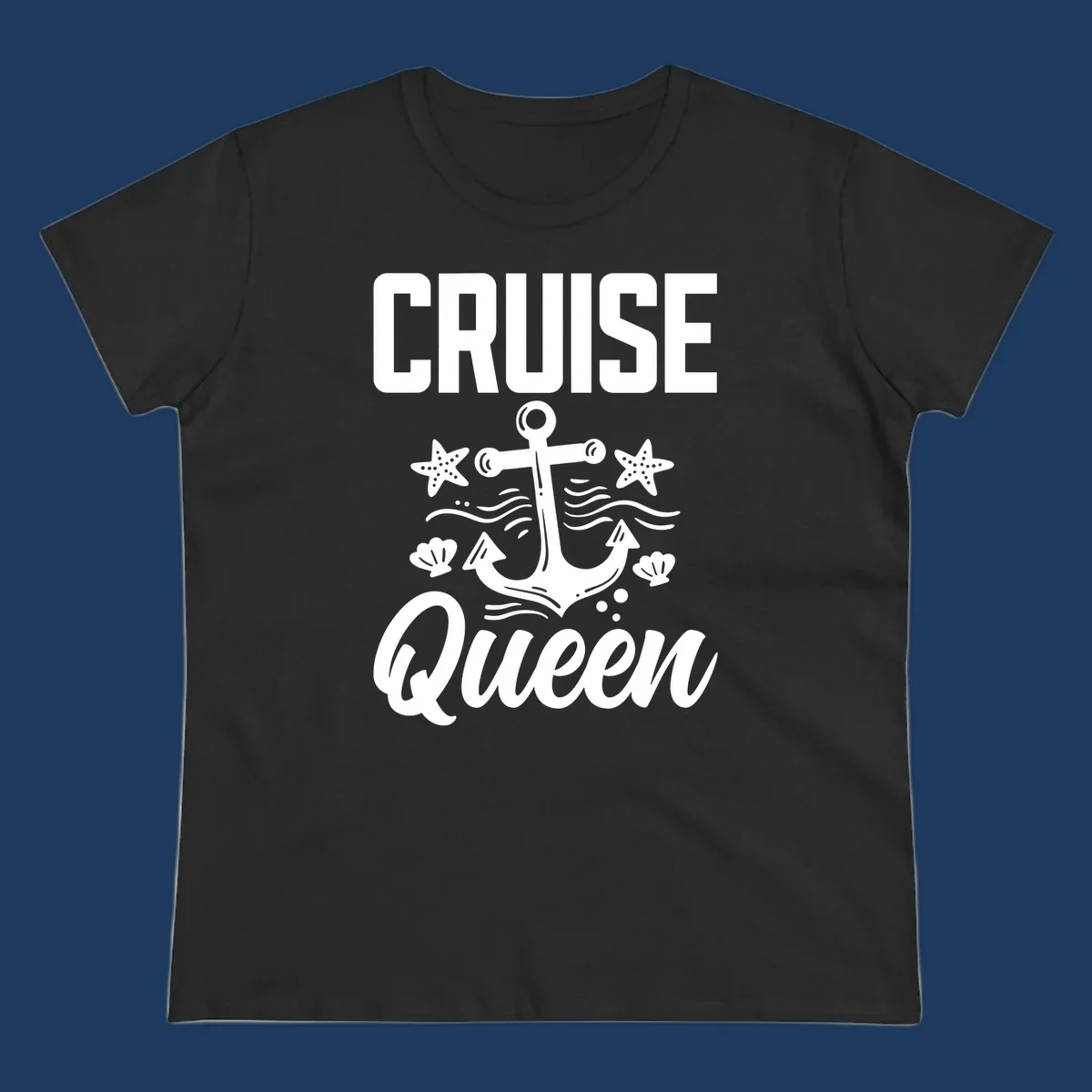 Cruise queen anchor nautical design with starfish, seashells, and ocean waves on gray background