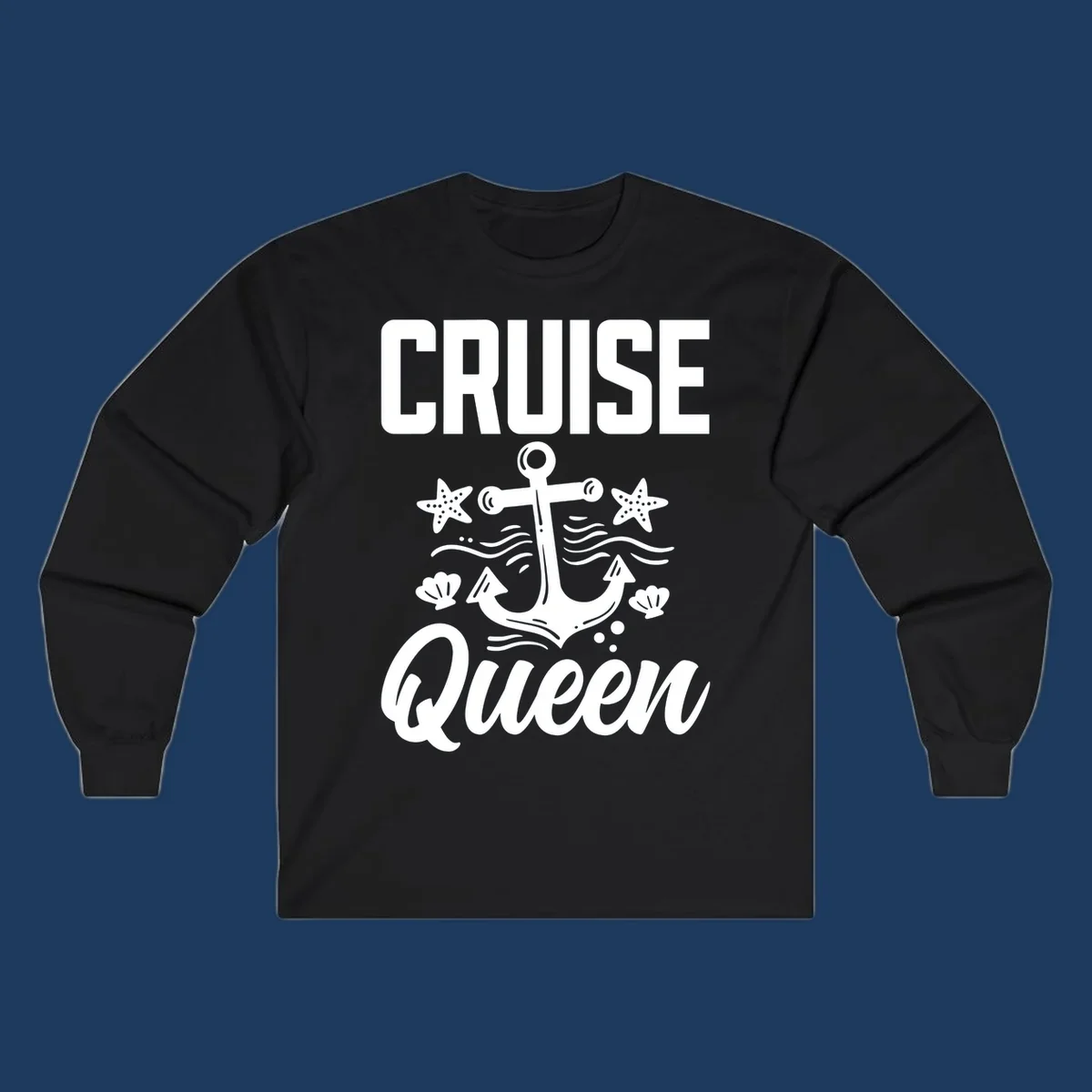 Cruise queen anchor nautical design with starfish, seashells, and ocean waves on gray background