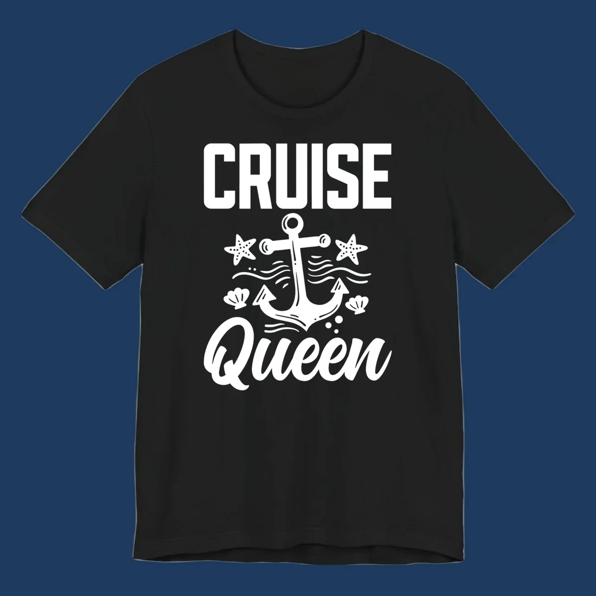 Cruise queen anchor nautical design with starfish, seashells, and ocean waves on gray background
