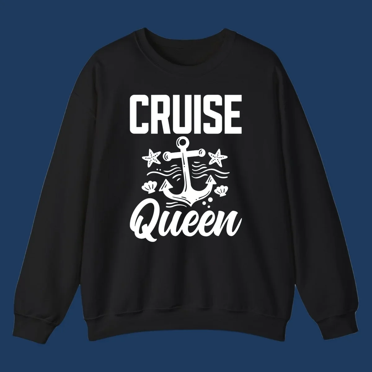 Cruise queen anchor nautical design with starfish, seashells, and ocean waves on gray background