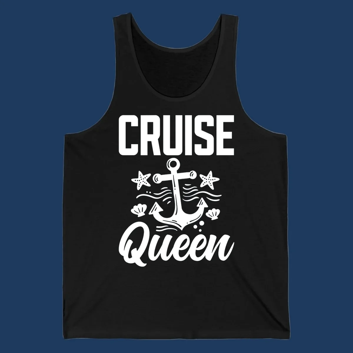 Cruise queen anchor nautical design with starfish, seashells, and ocean waves on gray background