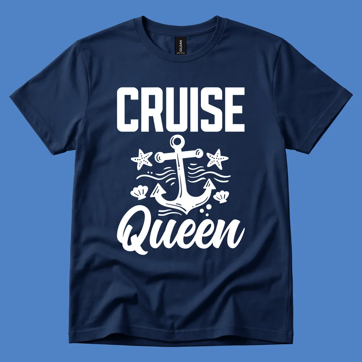 Cruise queen anchor nautical design with starfish, seashells, and ocean waves on gray background