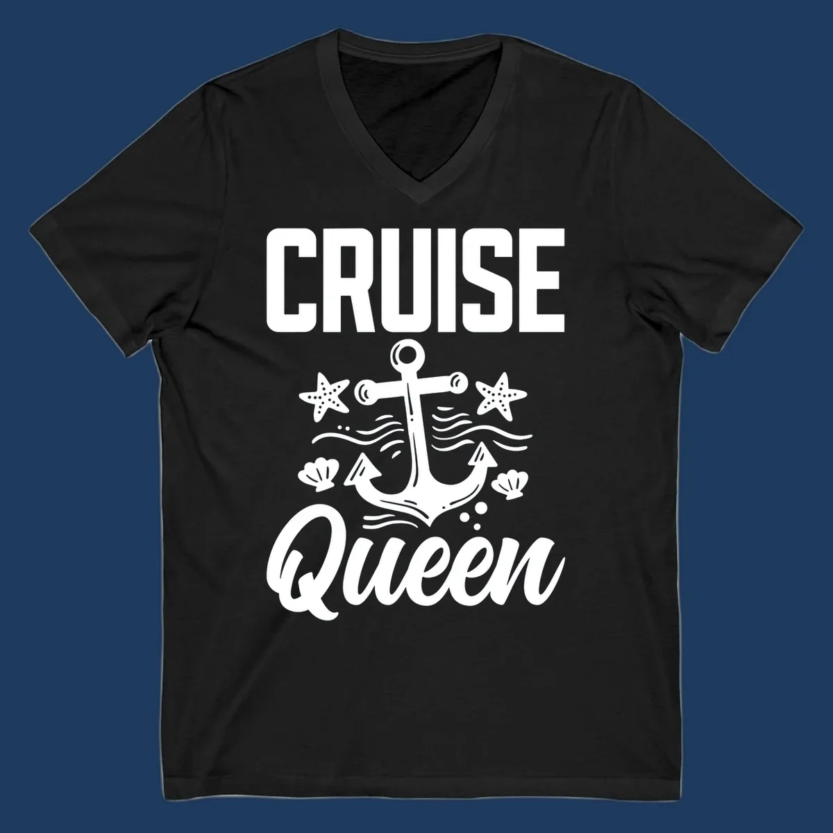 Cruise queen anchor nautical design with starfish, seashells, and ocean waves on gray background