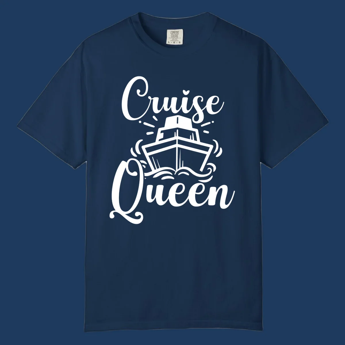 White cruise ship illustration with ocean waves and 'Cruise Queen' text in elegant script on gray background