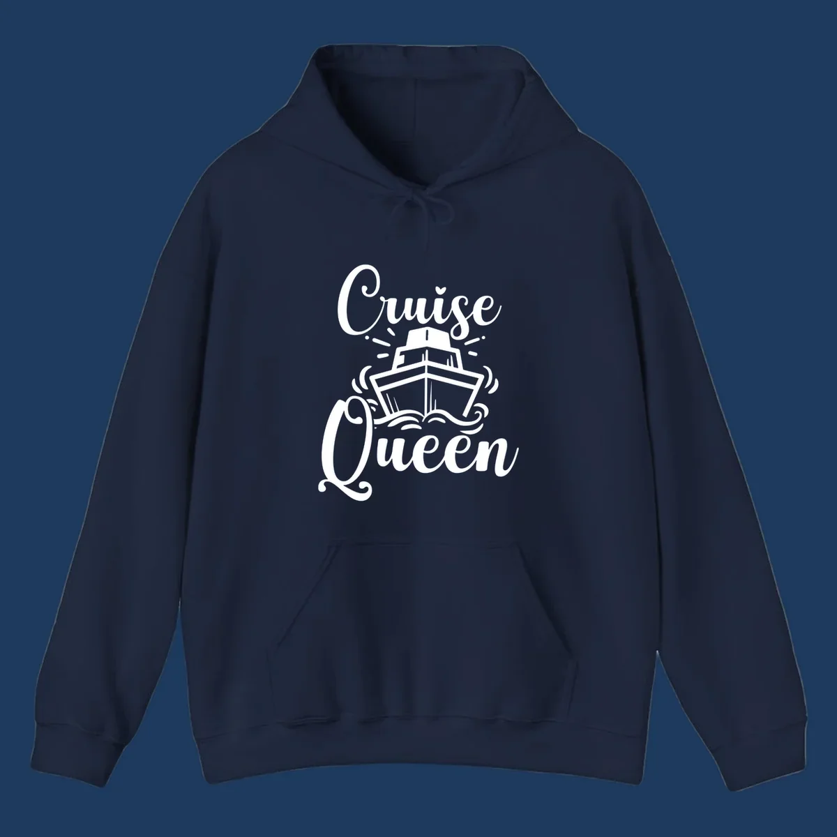 White cruise ship illustration with ocean waves and 'Cruise Queen' text in elegant script on gray background