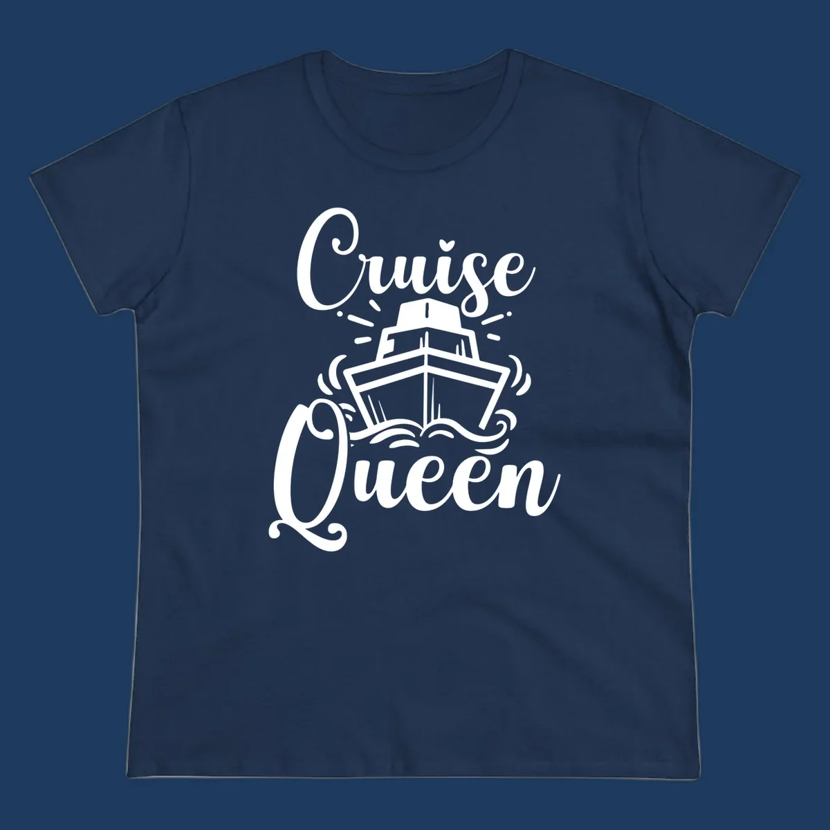 White cruise ship illustration with ocean waves and 'Cruise Queen' text in elegant script on gray background