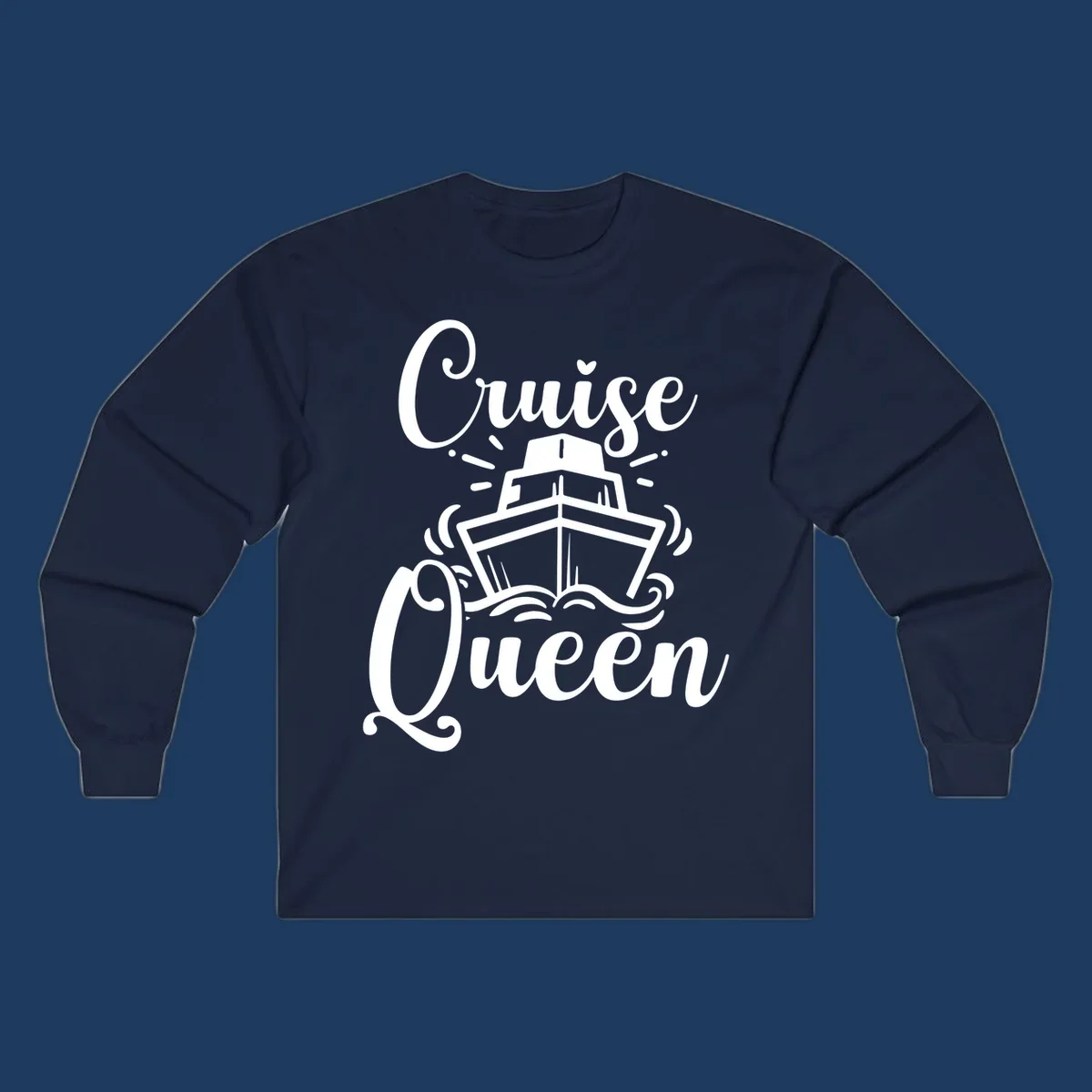 White cruise ship illustration with ocean waves and 'Cruise Queen' text in elegant script on gray background