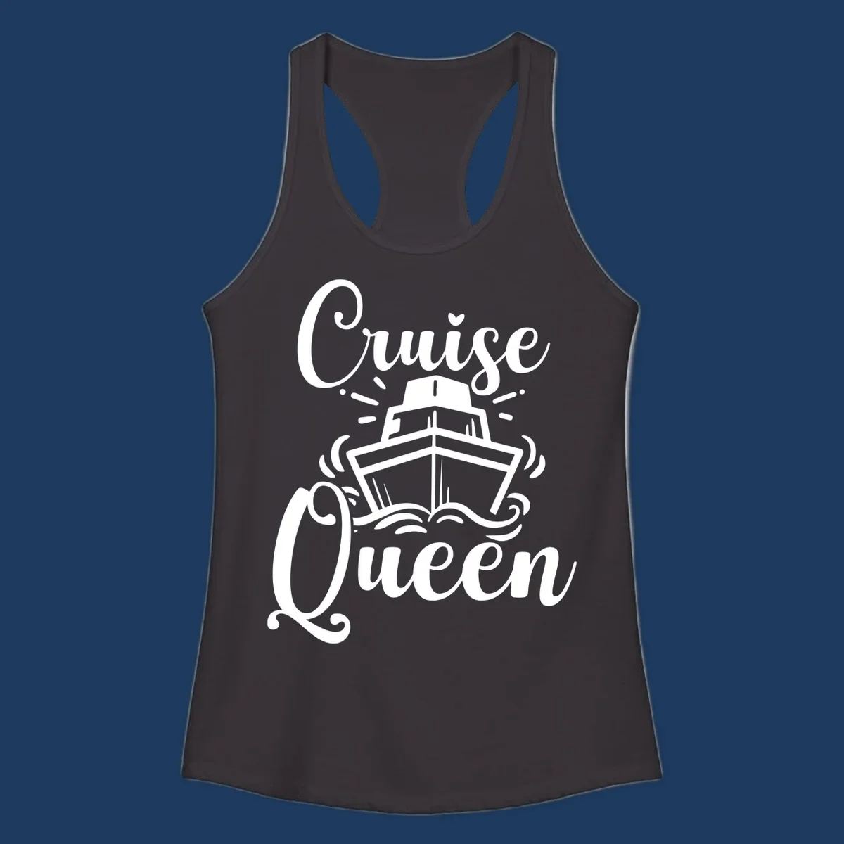 White cruise ship illustration with ocean waves and 'Cruise Queen' text in elegant script on gray background
