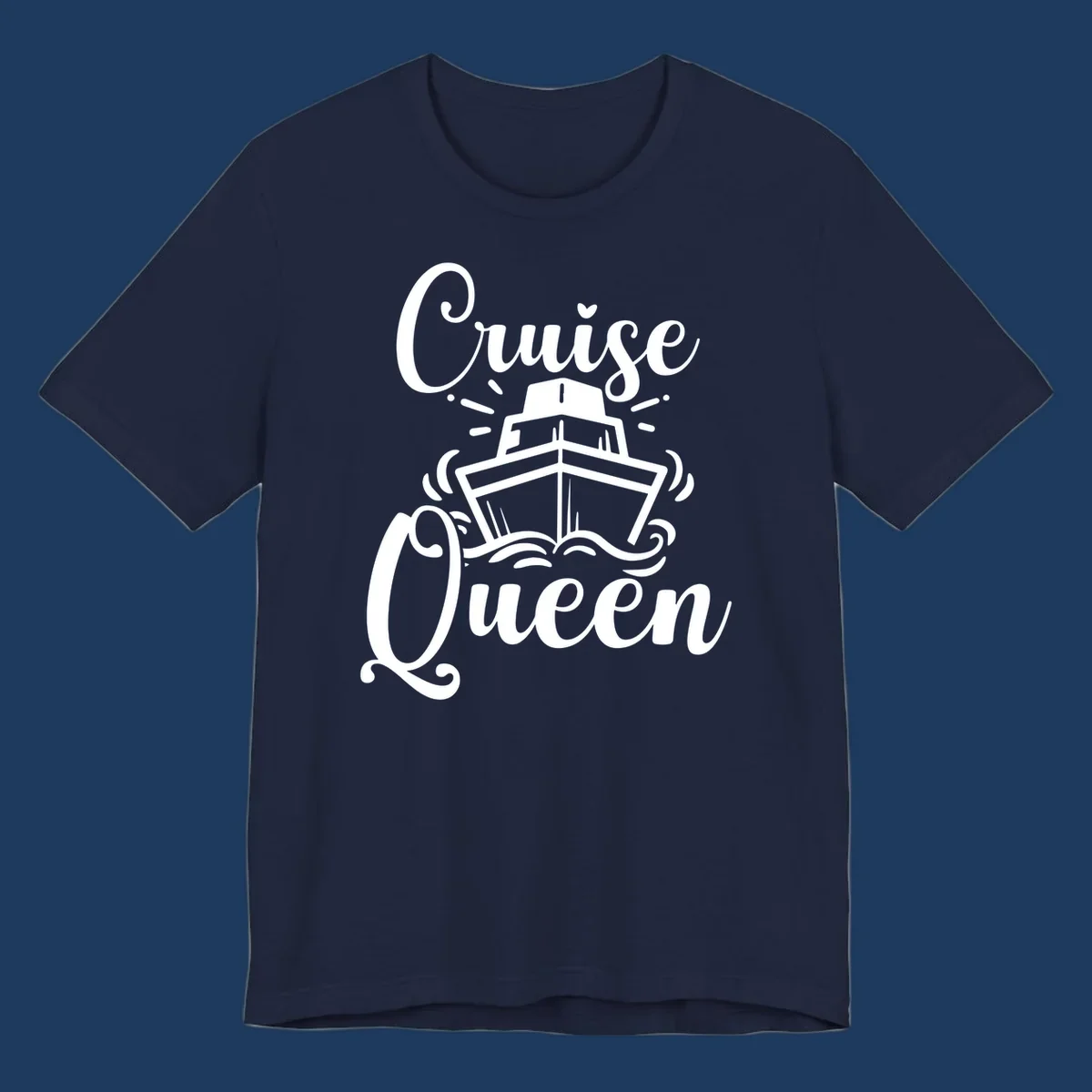 White cruise ship illustration with ocean waves and 'Cruise Queen' text in elegant script on gray background