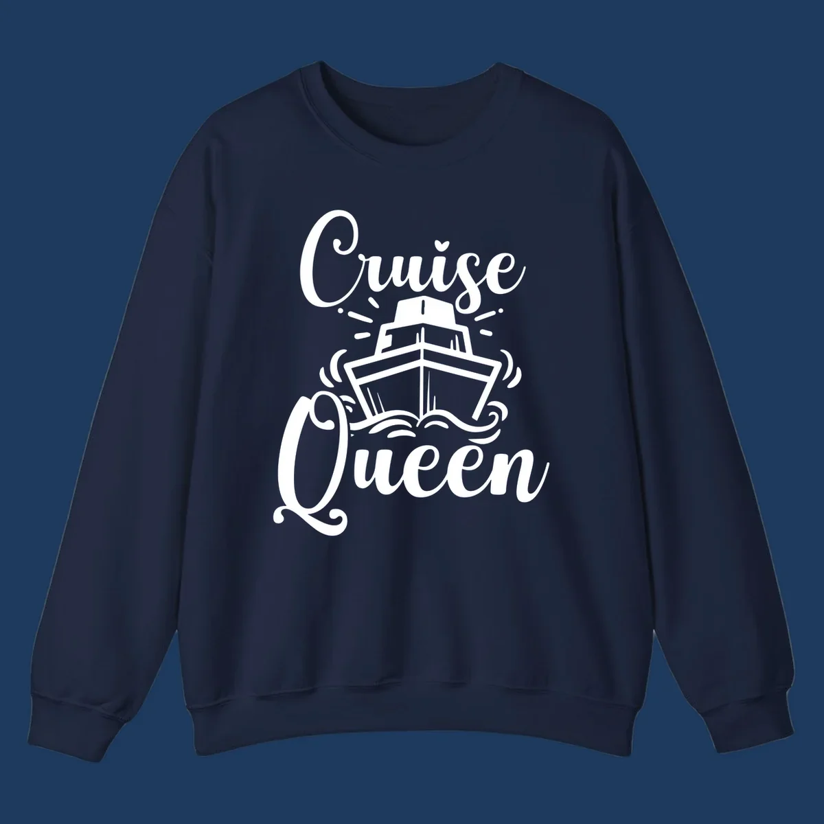 White cruise ship illustration with ocean waves and 'Cruise Queen' text in elegant script on gray background